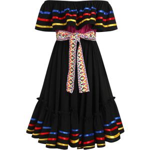 Mexican Dress for Girls Floral Embroidered Traditional Mexican Folklorico Dress Toddler Cinco de Mayo Fiesta Party Dresses (4-5T, Black)