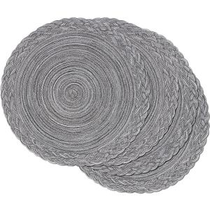 SHACOS Round Placemats Set of 4 Boho Braided Border 15 inch Circle Place Mats Washable Fabric Table Mats for Kitchen Dining Table, Gray
