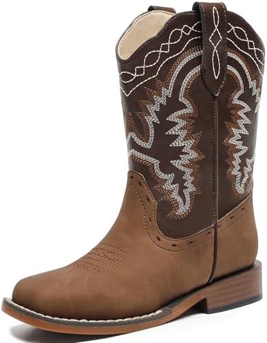 Parrosoo Kids Cowboy Boots for Boys Girls Western Riding Shoes Square Toe Wide Calf Hunting Walking Adventure Toddler Little Big Kid Size 7