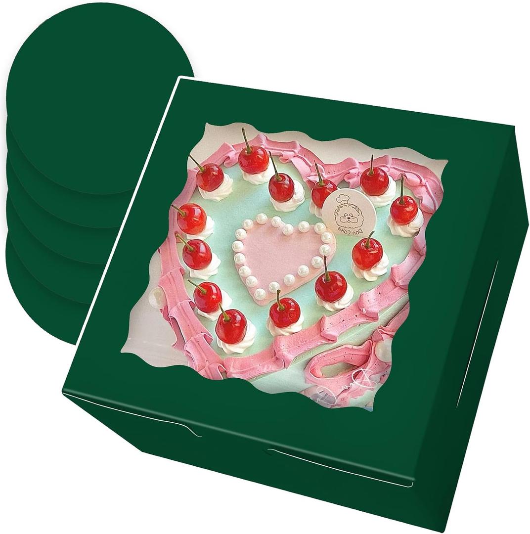 Bakepacker Deep Green 8x8x5 Inches 36pcs Cake Boxes with Window 18-Packs Deep Green 8 Inch Bakery Boxes (18 Cake Boxes +18 Cake Boards Included)