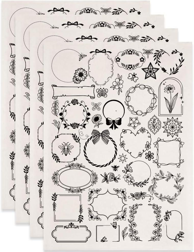 SUPERDANT 4PCS Pattern Border Underglaze Paper Transfer Flowers Transfer Papers for Clay Ceramic Porcelain Under Glaze Transfers for Pottery Enamel Decals Black Underglaze Decal Handcrafted Gifts