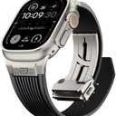 Watch Band for Apple Watch Ultra 2 Band 49mm 46mm 45mm 44mm, Men Luxury Rugged Silicone Rubber Strap with Metal Connector & Folding Clasp for iWatch Series 10 9 8 7 6 5 4 3 2 1 SE (Black)