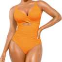 SHAPELLX Tummy Control Swimsuits Women V Neck One Piece Bathing Suit Ruched Push Up Slimming Swimwear Built-in Bra (Orange, S)