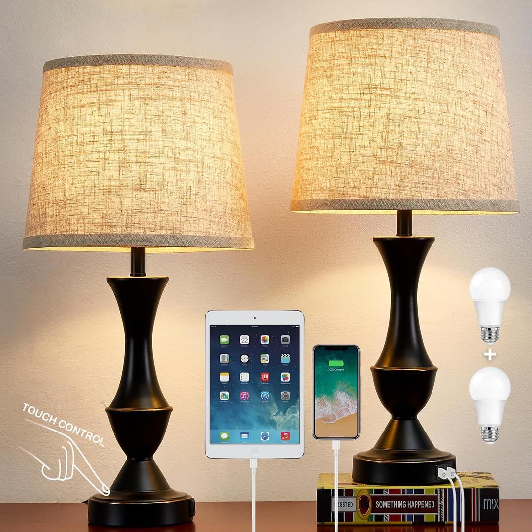 Luvkczc Upgraded Touch Table Lamps Set of 2, 22" Tall Bedside Lamps with USB C+A Ports, Dimmable Nightstand Lamps for Bedroom, Living Room, Office, Black Lamp with Beige Lampshade, Bulb Included