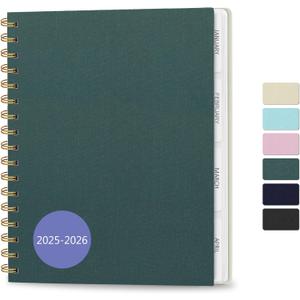 Planner 2025-2026, Weekly and Monthly Planner, Linen Cover 18-Month Planner (Jan 2025 - Jun 2026), 9.45" x 8.27", Calendar Planner with Monthly Tabs, Inner Pocket, Pen Loop, Spiral Bound, Green