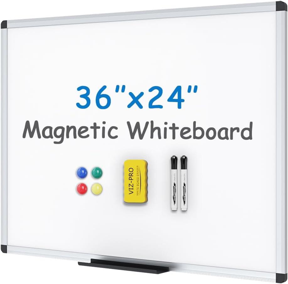 VIZ-PRO Magnetic Whiteboard/Dry Erase Board, 36 X 24 Inches, Includes 1 Eraser & 2 Markers & 4 Magnets (Silver)