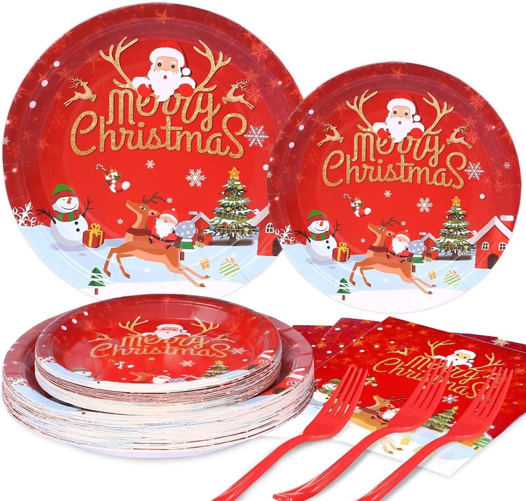 Christmas Paper Plates and Napkins Set, Christmas Plates Cups Napkins Forks Tablewares Party Supplies Serve 24