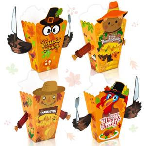 24Pcs Thanksgiving Popcorn Boxes, Autumn Pumpkin Turkey Maple Leaf Disposable Paper Treat Boxes, Suitable for Autumn Thanksgiving Themed Party Decorations