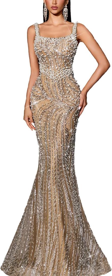 Women's Square Neck Sequin Beaded Mermaid Formal Evening Dress Spaghetti Strap Bodycon Prom Party Cocktail Maxi Gown XS
