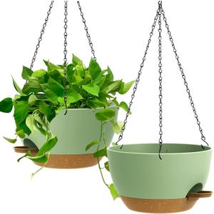 UOUZ 13 Inch 2 Pack Large Self Watering Hanging Planters for Indoor Outdoor Plants, Hanging Plant Pots with Removable 50 Oz Reservoir, Plastic Hanging Basket for Window Porch Garden, Green with Brown
