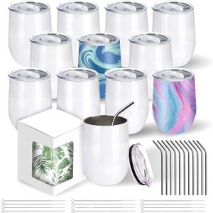BetterSub12 oz Sublimation Wine Tumblers, Double Wall Insulated Stainless Steel Sublimation Cups with Lid, Metal Straw, Brush, Individually Display Box, White (12 Packs White)