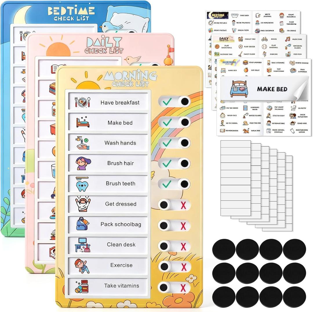 2 x 3 Pcs Magnetic Checklist Chart for Kids for Morning/Bedtime/Daily, Visual Chores Chart for Toddler, Schedule Board for Children Behavior Task, Routine Planing Board for Home/School, ADHD Tool