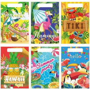 150 Pieces Luau Hawaiian Gift Bags for Kids Summer Tropical Party Favor Hawaiian Goodie Aloha Flamingo Plastic Treat Bags with Handles for Summer Goody Gift Party Supplies, 6 Styles