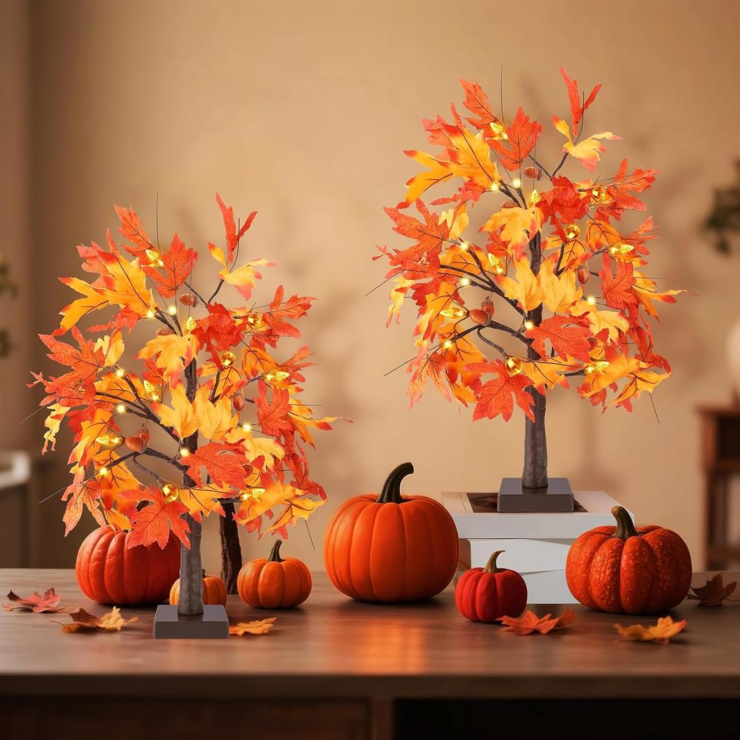 2Pack 24 Inch Fall Thanksgiving Decorations Maple Trees, Lighted Artificial Fall Tree with Lights, Thanksgiving Table Centerpieces Decoration Friendsgiving Decor for Home Office Indoor