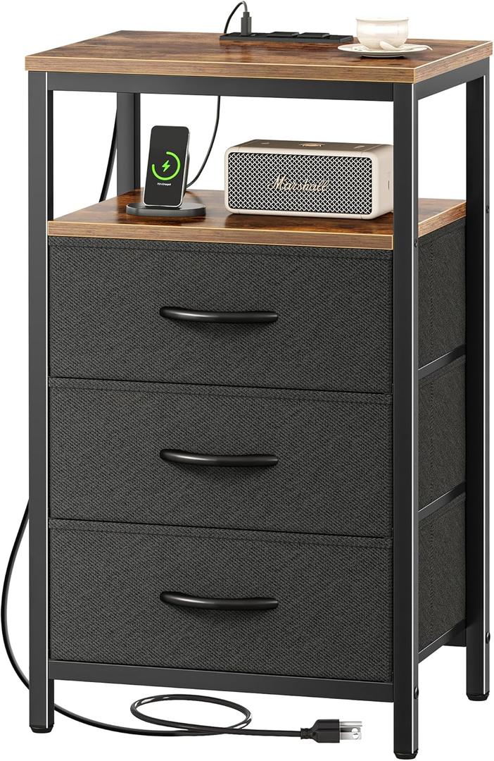 Huuger Nightstand with Charging Station, 27.6 Inch End Table Bedside Table with USB Ports and Outlets, Fabric Drawers, Night Stand for Bedroom, Rustic Brown and Black