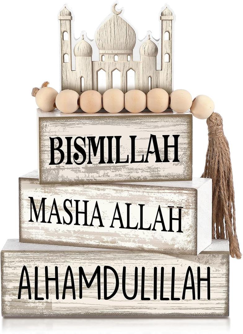 Lineshading 5 Pcs Islamic Table Decor Farmhouse Wooden Mosques Eid Ramadan Tiered Tray Decor White Stacked Books with Wood Bead Tassels Eid Ramadan Block Signs Islamic Decoration for Home Kitchen