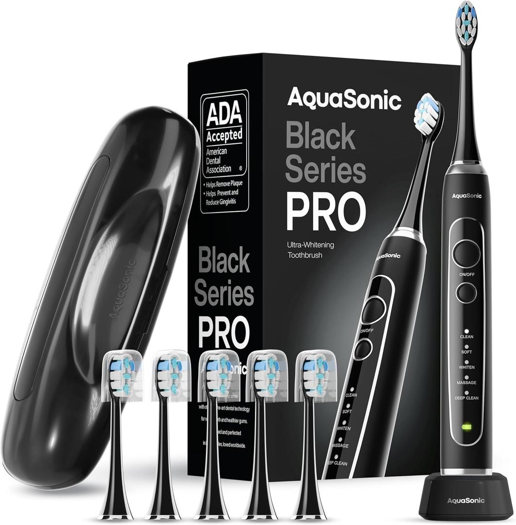 Aquasonic Black Series PRO Ultra-Whitening Electric Toothbrush 5 Modes & Smart Timers Premium Travel Case & 6 Proflex Brush Heads ADA Accepted Toothbrush 
