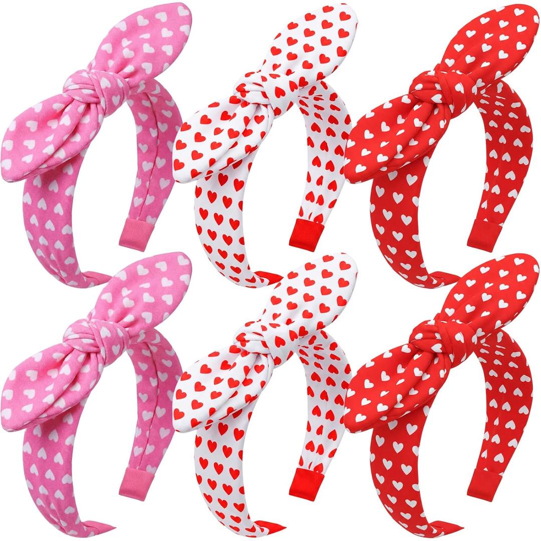 Suncalla 6 Pcs Mother's Day Bow Headbands for Women Red Pink White Heart Knotted Headband Bunny Ear Heart Hairband for Mom Women Mother's Day Hair Accessories