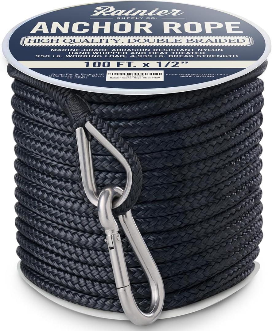 Rainier Supply Co. Boat Dock Lines & Rope- Premium Double Braided Nylon Boat Anchor Rope 100 ft x 1/ 2"| 150ft x 1/ 2" | 100ft x 3/ 8" | 150ft x 3/ 8" - Anchor Line, Marine Rope with Thimble & Snap Hook