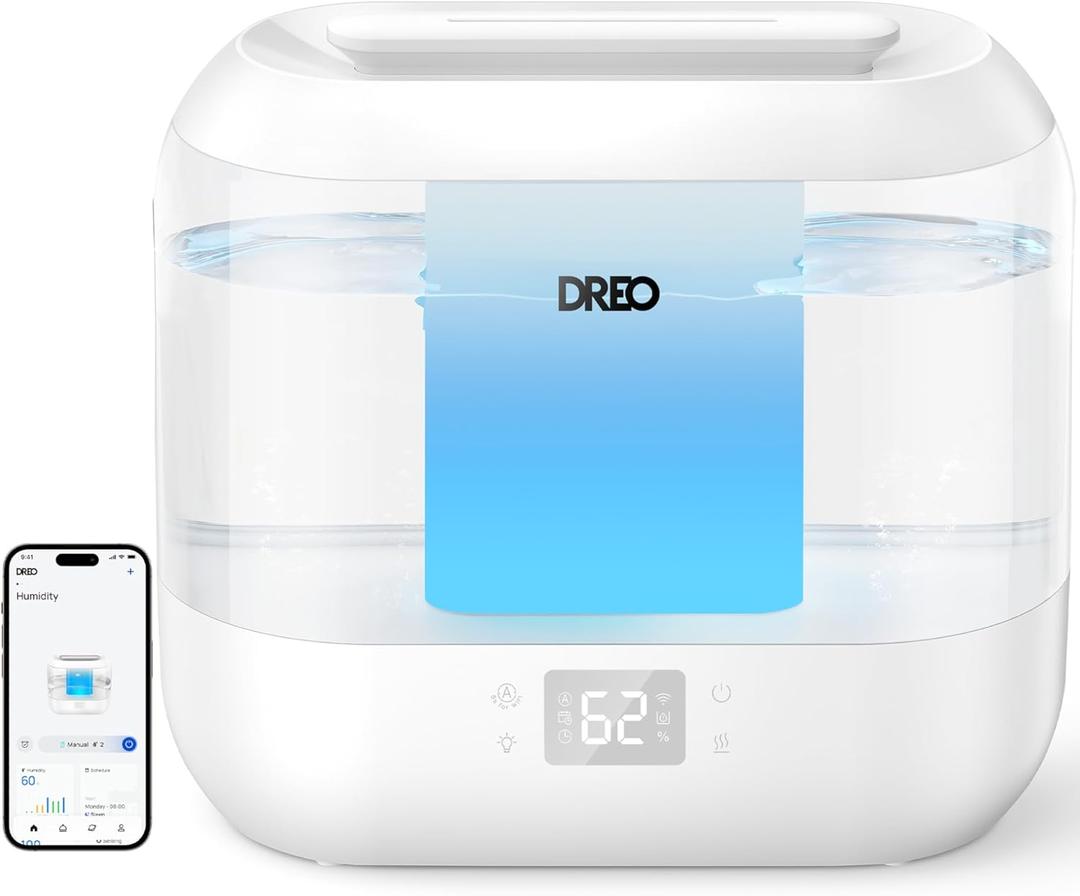 Dreo Smart Humidifier, Cool Mist Humidifiers for Bedroom, Quiet 4L Top Fill Ultrasonic Humidifiers for Home Office Plant & Baby with Nightlight, LED Display, 32H Runtime, APP/Voice Control, HM311S (White)