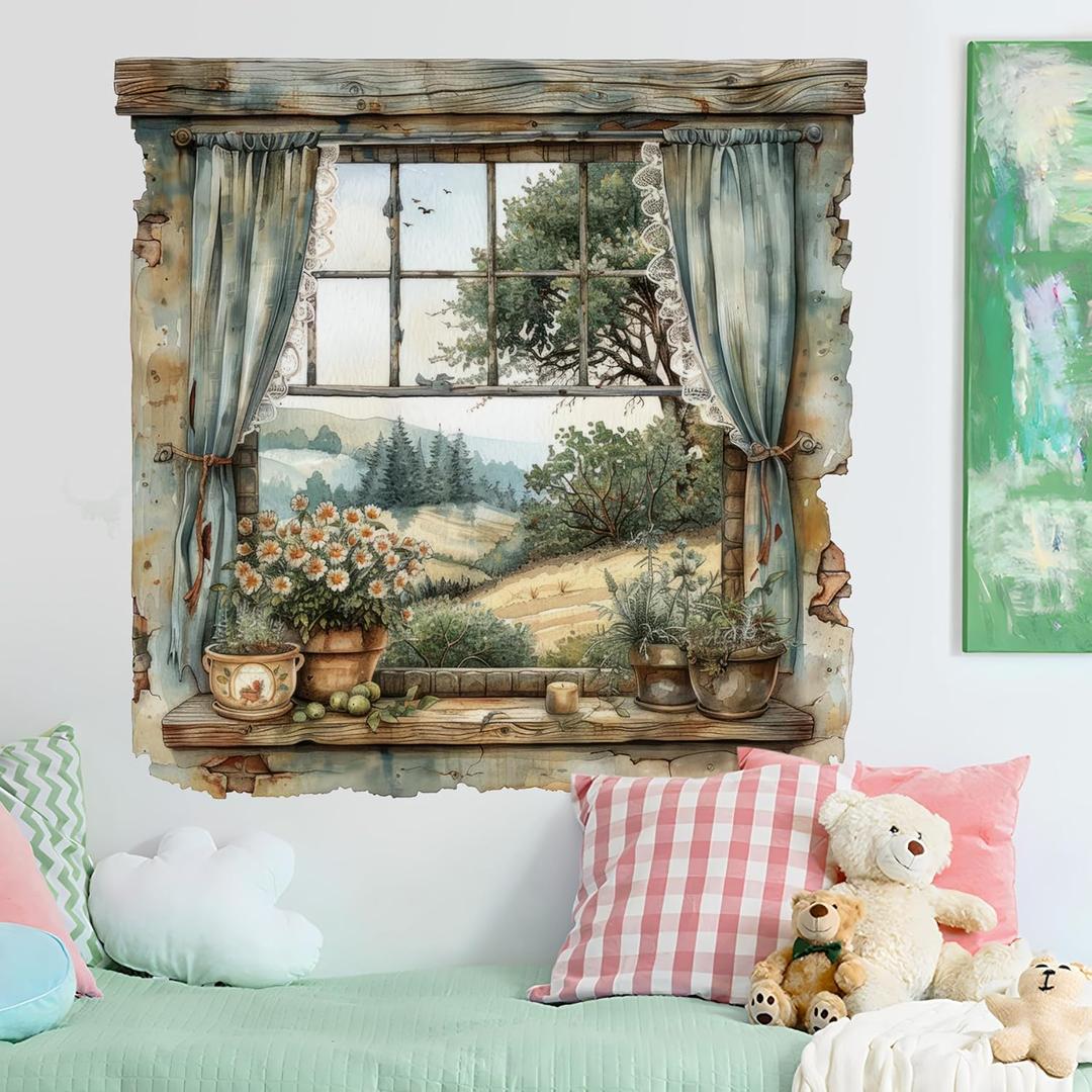 3D Creative Fake Window Wall Sticker Removable DIY Romantic Green Plants Daisy Wall Stickers Vinyl Trees and Mountains Natural Scenery Fake Window Wall Decal for Bedroom Living Room Decor (Brown-1)