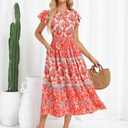 Women's Summer Boho Flowy Swing Tiered Long Maxi Vacation Dresses with Pocket Red Bohemia L