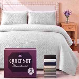 Queen Quilt Bedding Set - Cloud Soft All-Season Bedspread 3 PC w/Shams, Bed Quilt Queen Size Coverlet - Oversized, Light Weight, Ultra Durable, Easy Care - 90 x 96 in (White)