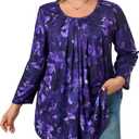 Plus Size Tunic Tops for Women 3/4 Sleeve Tunics Loose Fit Shirt Crew Neck Pleated Solid Casual Dressy Blouses (Purple, XXL)