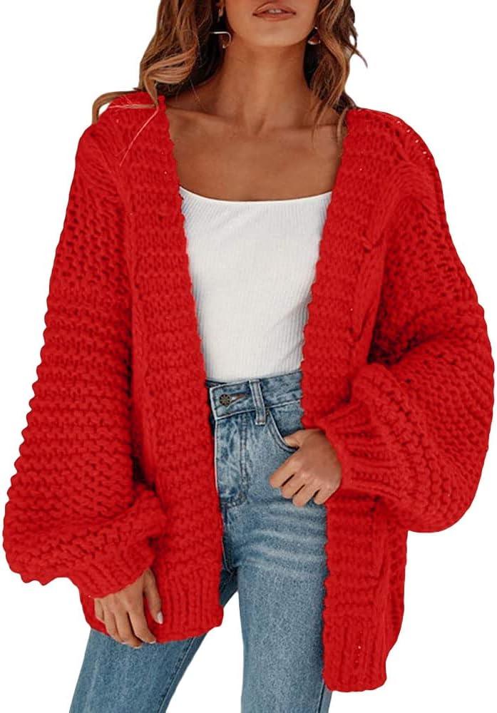 Cicy Bell Women's Open Front Chunky Knit Cardigan Loose Lantern Sleeve Oversized Sweater Coats (Red, Small)
