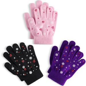 Glooarm 3 Pairs Kids Gloves Winter Gripper Knit Magic Gloves Stretch Warm Cold Weather Gloves for Boys Girls 4-12 Years (Snowflake)