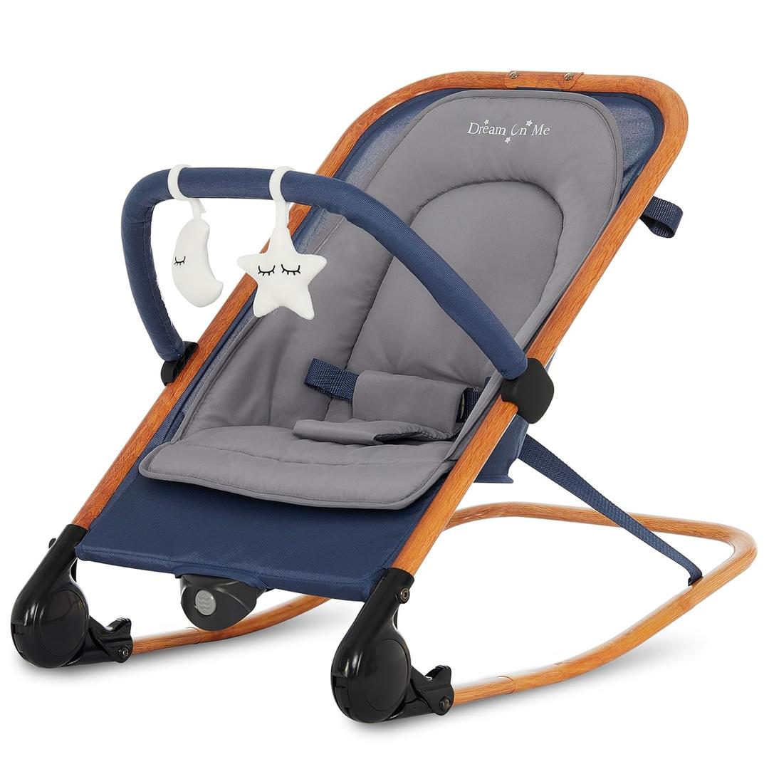 Dream On Me Rock On Me 2-in-1 Baby Rocker and Stationary Seat, Adjustable Recline, Gentle Music & Vibration, 3-Point Safety Harness, Detachable Toy Bar, Folds Compact for Travel  Blue