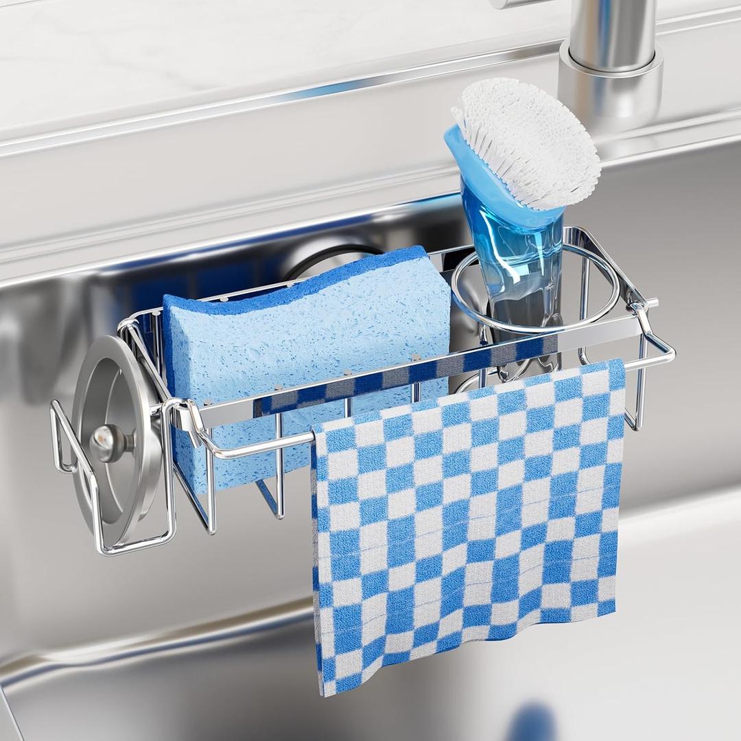 TAILI 4-in-1 Sink Caddy with Strong Suction Cup, Sponge Holder for Kitchen Sink Organizer, Removable, Rustproof, Stainless Steel Holder for Sponge, Brush, Scrubber, Scraper - Silver
