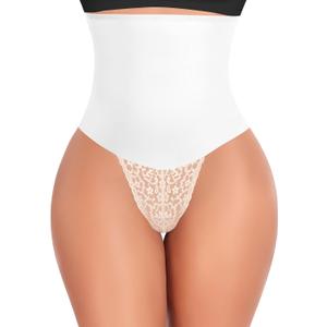 Werena Tummy Control Thong Shapewear for Women Mid High Waisted Body Shaper Underwear Lace Shaping Thong Girdle Panties (X-Large, #A2 High Rise White)