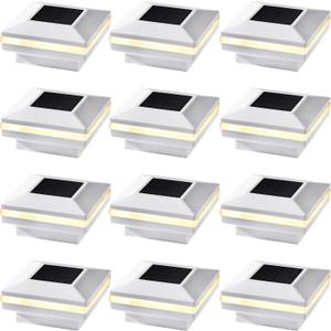Dynaming 12 Pack Solar Post Lights, Outdoor Solar Powered Decorative Post Cap Light, White Shell & Warm White LED Lighting for Fence Deck Patio, Only Fit 4x4 Wooden Posts (True Size 3.5"x3.5") (12 Pack, for 4x4 Wooden Posts)
