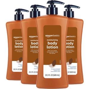 Amazon Basics Moisturizing Cocoa Butter Body Lotion for Dry Skin, Non-Greasy, Paraben Free, Lightly Scented, 20.3 Fl Oz, Pack of 4