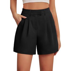 Feiersi Womens Casual Elastic Waist Wide Leg Suit Tailored Shorts Summer Dressy Work Shorts with Pockets (Large, 11black)