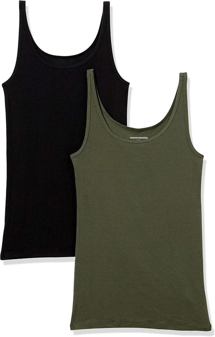 Amazon Essentials Women's Slim-Fit Thin Strap Tank Top, Pack of 2 (Medium, Black/Olive)