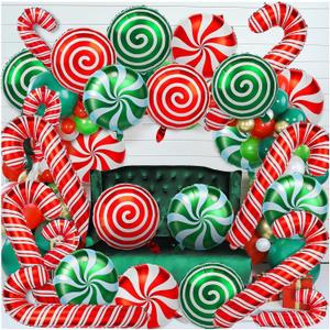 72Pcs Christmas Balloons Kit, Cane Candy Foil Balloons with Ribbons, Red Green Mylar Balloon for Party Decorations