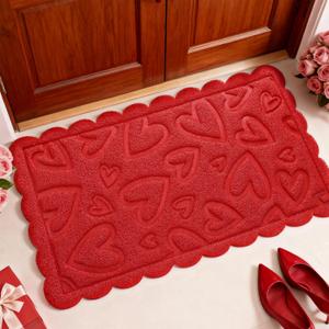WILLBOND Valentine's Day Door Mat Scallop Outside Entrance Red Love Heart Welcome Floor Door Mat Non-Slip Entrance Rugs for Indoor Outdoor Home Bathroom Decor, 16.5 x 29 Inch