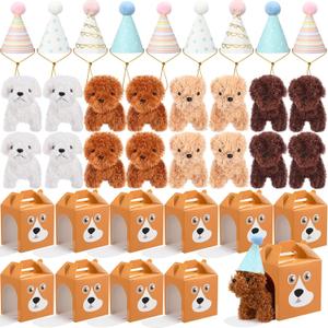 20 Pcs Mini Plush Dog Set 4 Inch Small Stuffed Puppy Dolls with 20 Dog Themed Party Favor Boxes 20 Birthday Hats, Soft Plush Stuffed Animal for Kids Birthday Adopt a Pet Favor (Basic)
