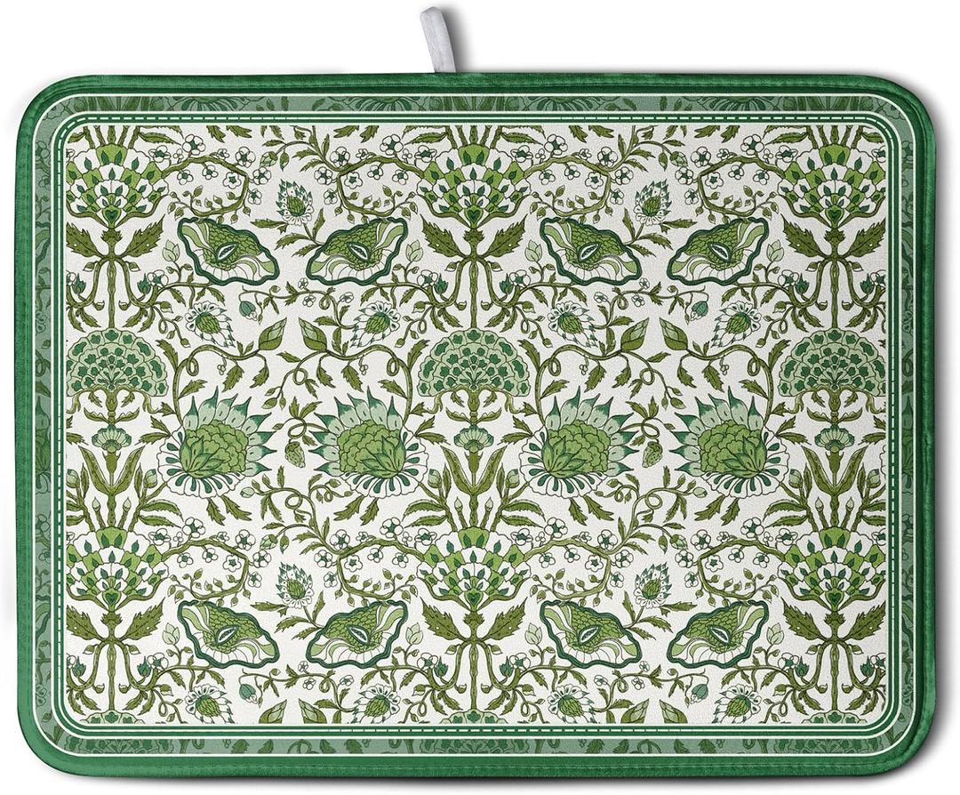 Green Floral Dish Drying Mat for Kitchen Counter 18x24 Inch Spring Summer Flowers Drying Mats Microfiber Absorbent Dish Drainer Pad Reusable Washable Dish Draining Mat for Coffee Bar Sink