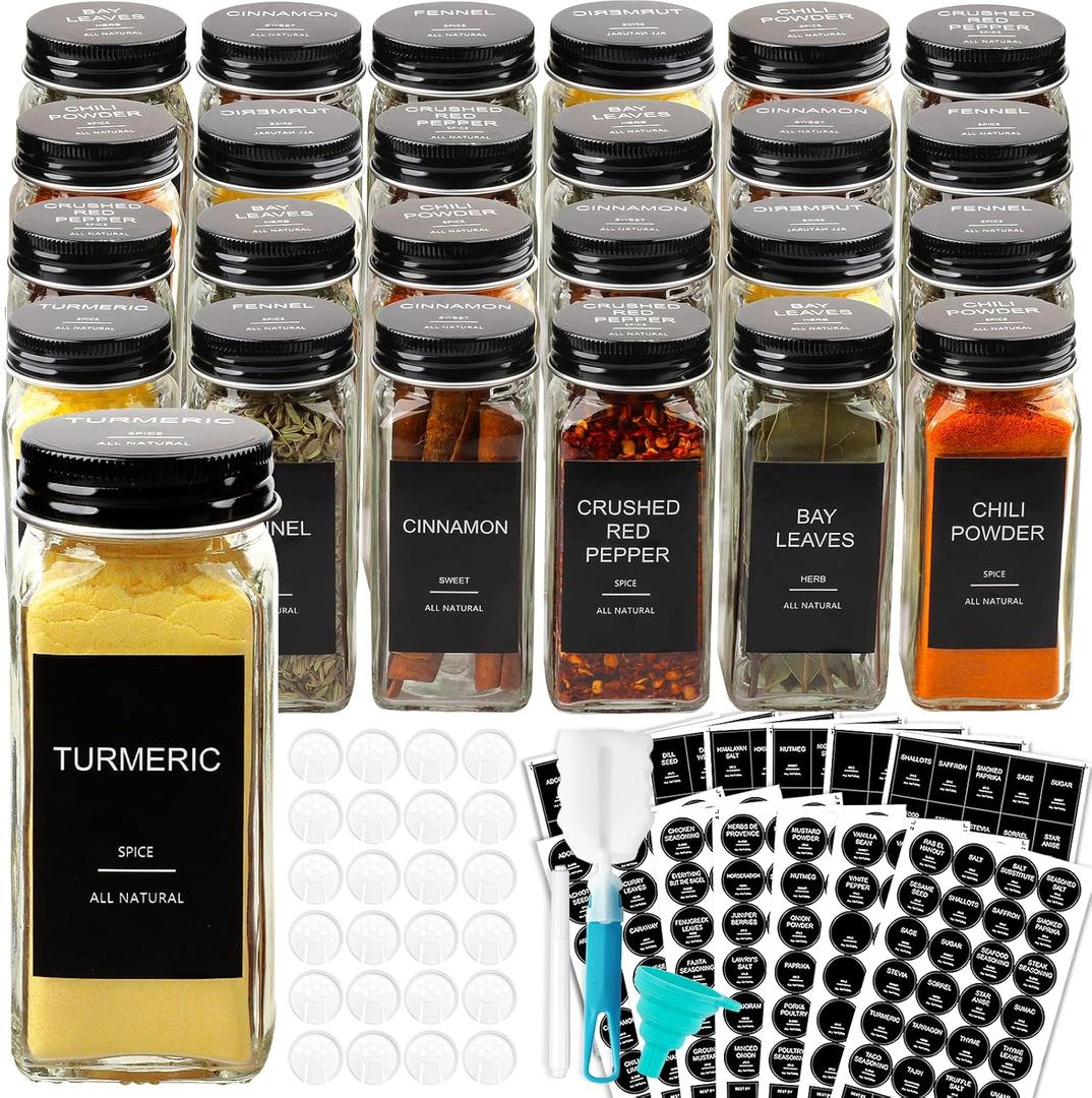 AISIPRIN 24 Pcs Glass Spice Jars with 398 Labels, 4oz Empty Square Spice Containers Seasoning Bottles - Shaker Lids, Funnel, Brush and Marker Included(Black Metal Caps)