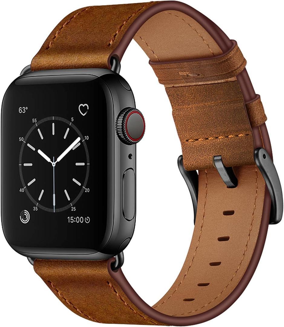 OUHENG Leather Bands Compatible with Apple Watch Band 49mm/46mm/45mm/44mm/42mm, Genuine Leather Strap for iWatch Series 11/10/9/8/7/6/5/4/3/2/1 & Ultra 3/2/1 & SE3 SE2 SE, Retro Brown/Black, Size: 49mm/46mm/45mm/44mm/42mm(Series 3 2 1)