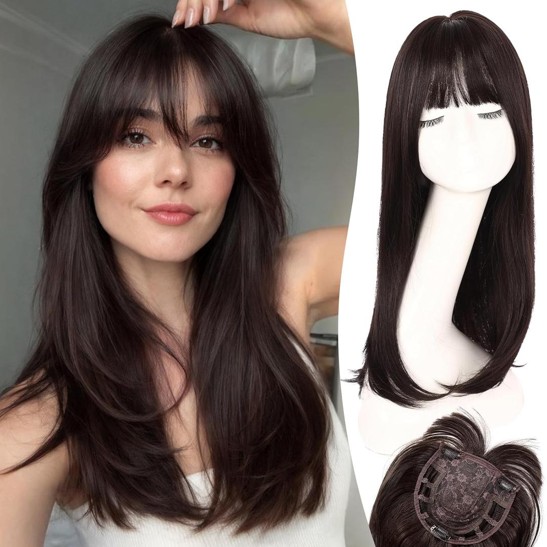Hair Topper with Bangs for Women 20 Inch Layered Synthetic, Straight Clip In Topper with Simulated Scalp and 3 Clips, Adds Volume and Gray Hair Coverage for Thinning Hair, Natural Black