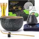 TEANAGOO Matcha Whisk Set Black,7 Pcs Matcha Set,Matcha Kit for Ceremony,Tradition Tea Set for Making Breakfast/Latte,Matcha Whisk Set with Bowl(Chawan)/Whisk and Holder,Gift for Family/Friend (Charcoal Black 1)