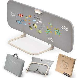 Toddler Bed Rail with Night Light - Foldable Bed Side Rails - Fits for Most Beds Bed Rails for Full Size Bed, Queen Size Rails, Twin Rails - Portable Fence for Baby - 48inch (Grey With Fish Image)