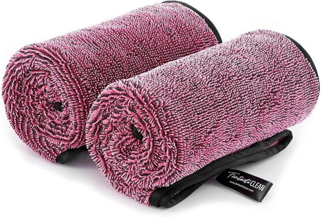 Fantasticlean Large Car Drying Towels- 2 Pack, 32 by 24'' - Premium Microfiber Cleaning Cloth with Dual-Colored Twisted Loop, Ultra Absorbent, Scratch-Free for Instant Car Detailing (Pink)