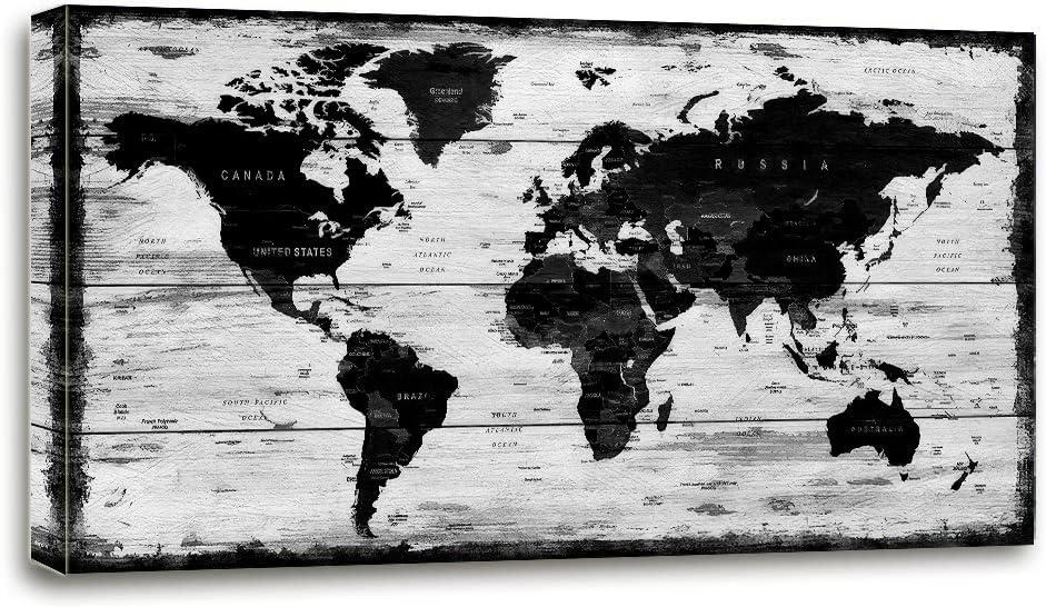 Black White World Map Canvas Wall Art for Living Room Large Office Canvas Artwork Decor Framed for Kitchen Bedroom-20 x40