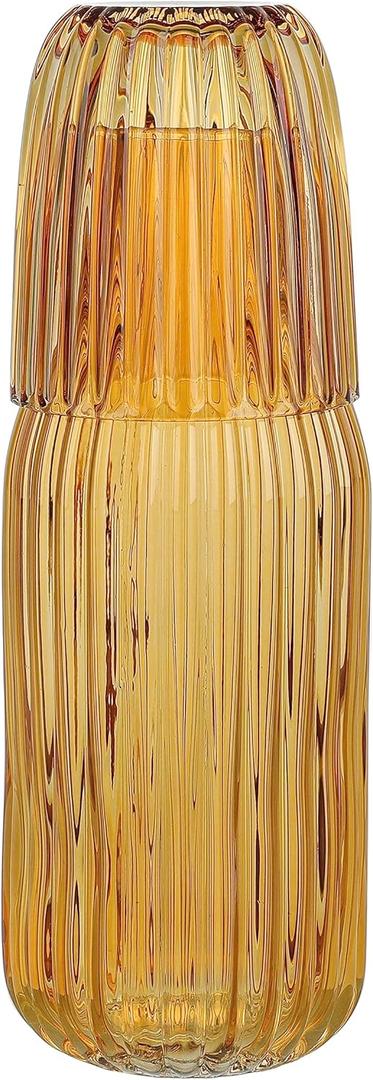 elle decor Ribbed Bedside Water Carafe with Tumbler Set | Ribbed Glass Pitcher and Matching Drinking Glass Doubles as Lid | 39-Ounce Jug for Guest Room, Office, or Gift | 4 x 9.5 (Amber)