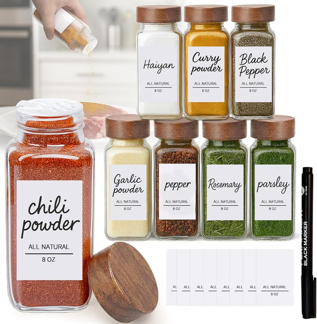 8Oz 8Pcs Glass Spice Jars with Label, Seasoning Containers, Spice Containers with Bamboo Lids & Pen, Empty Spice Bottles for Salt, Herbs, Sugar, Pepper (Acacia Wood Color)